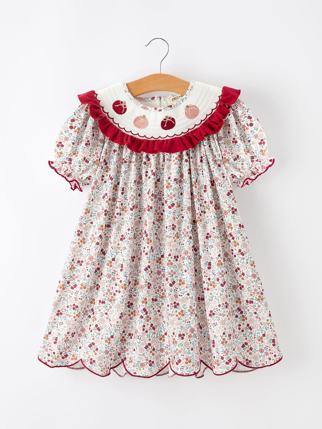 Fall Pumpkin Embroidery Girls Dress Floral Ruffle Collar Dress -