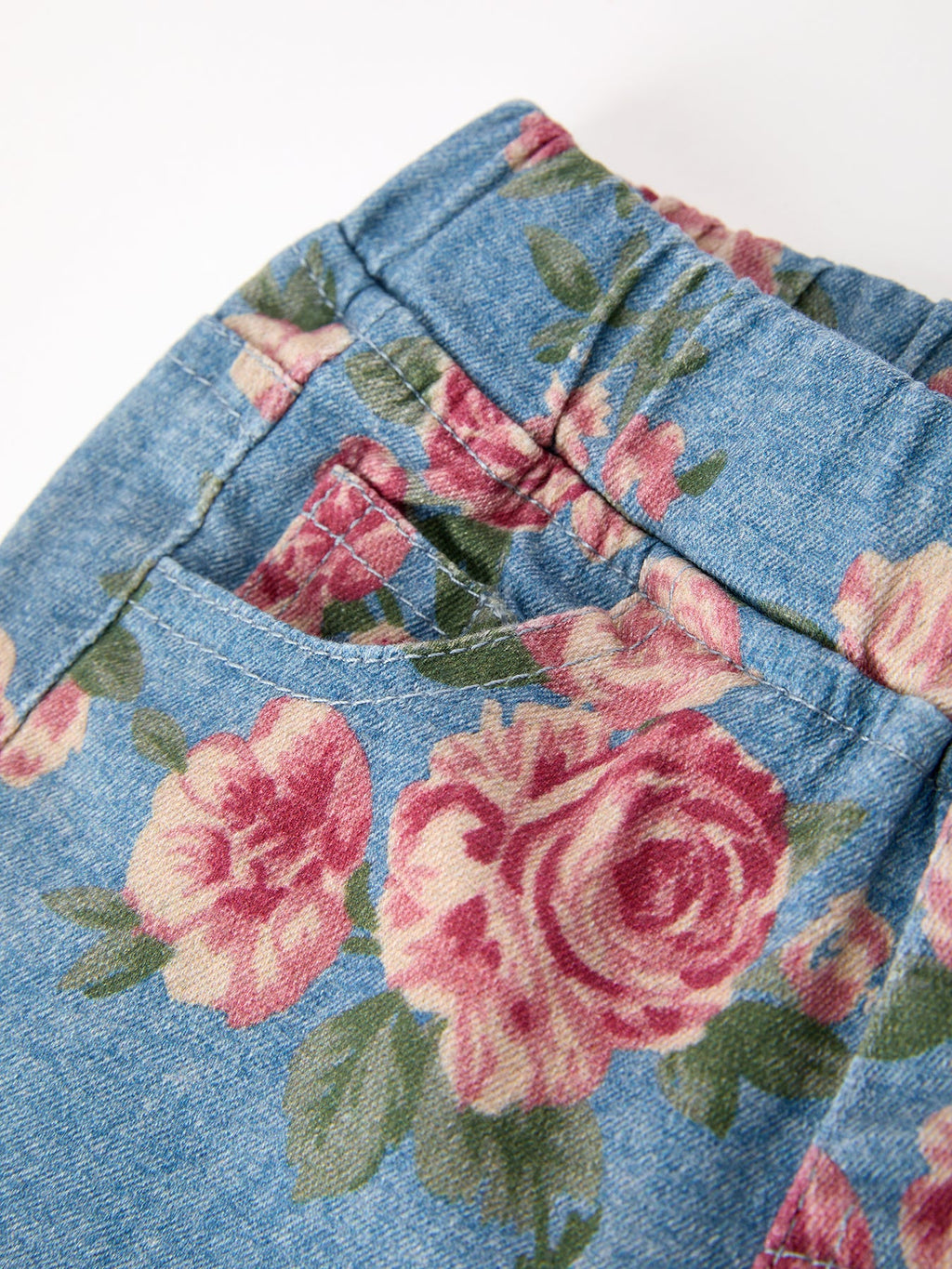 Girls Floral Denim Bell Bottom Pants Rose Print Flare Jeans -
