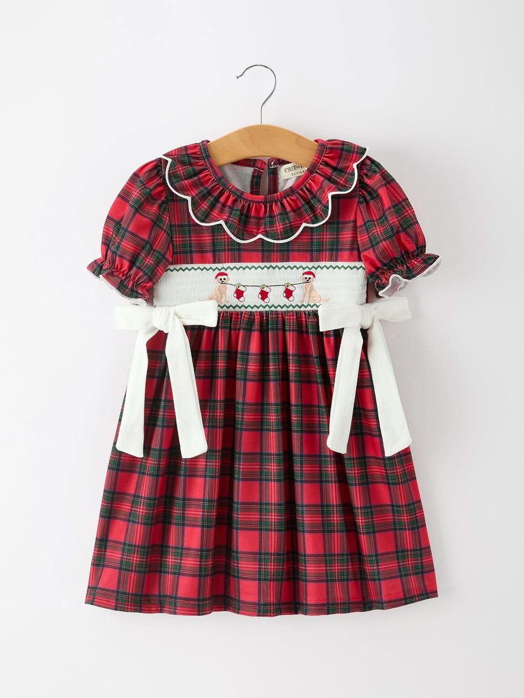 Christmas Girls Plaid Puppy Smocked Ruffle Collar Dress -
