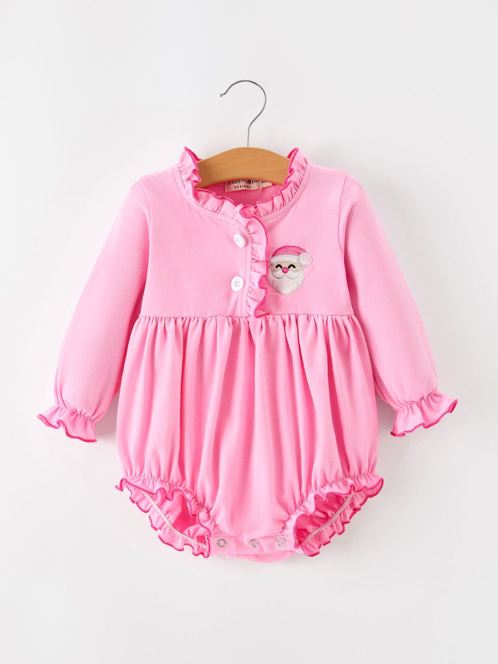Baby Girls Christmas Santa Embroidered Ruffle Bubble Romper -