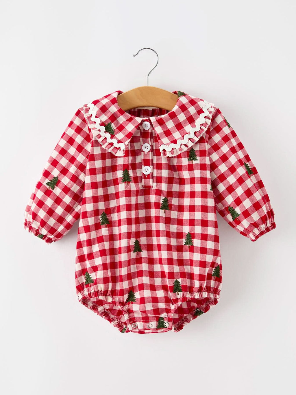 Christmas Tree Embroidered Red Plaid Baby Girls Ruffle Collar Romper -