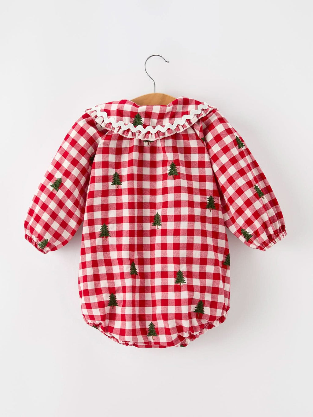 Christmas Tree Embroidered Red Plaid Baby Girls Ruffle Collar Romper -