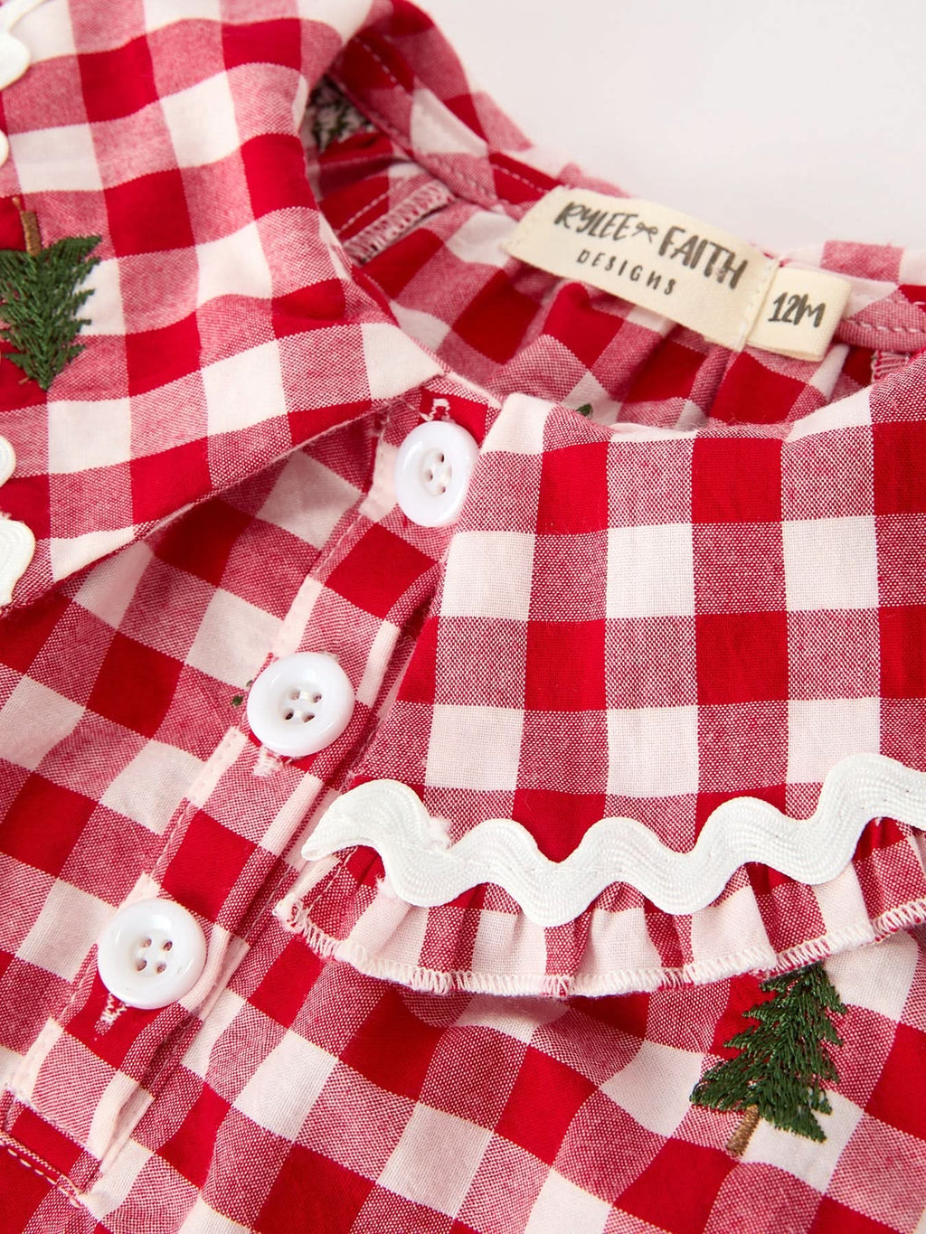Christmas Tree Embroidered Red Plaid Baby Girls Ruffle Collar Romper -