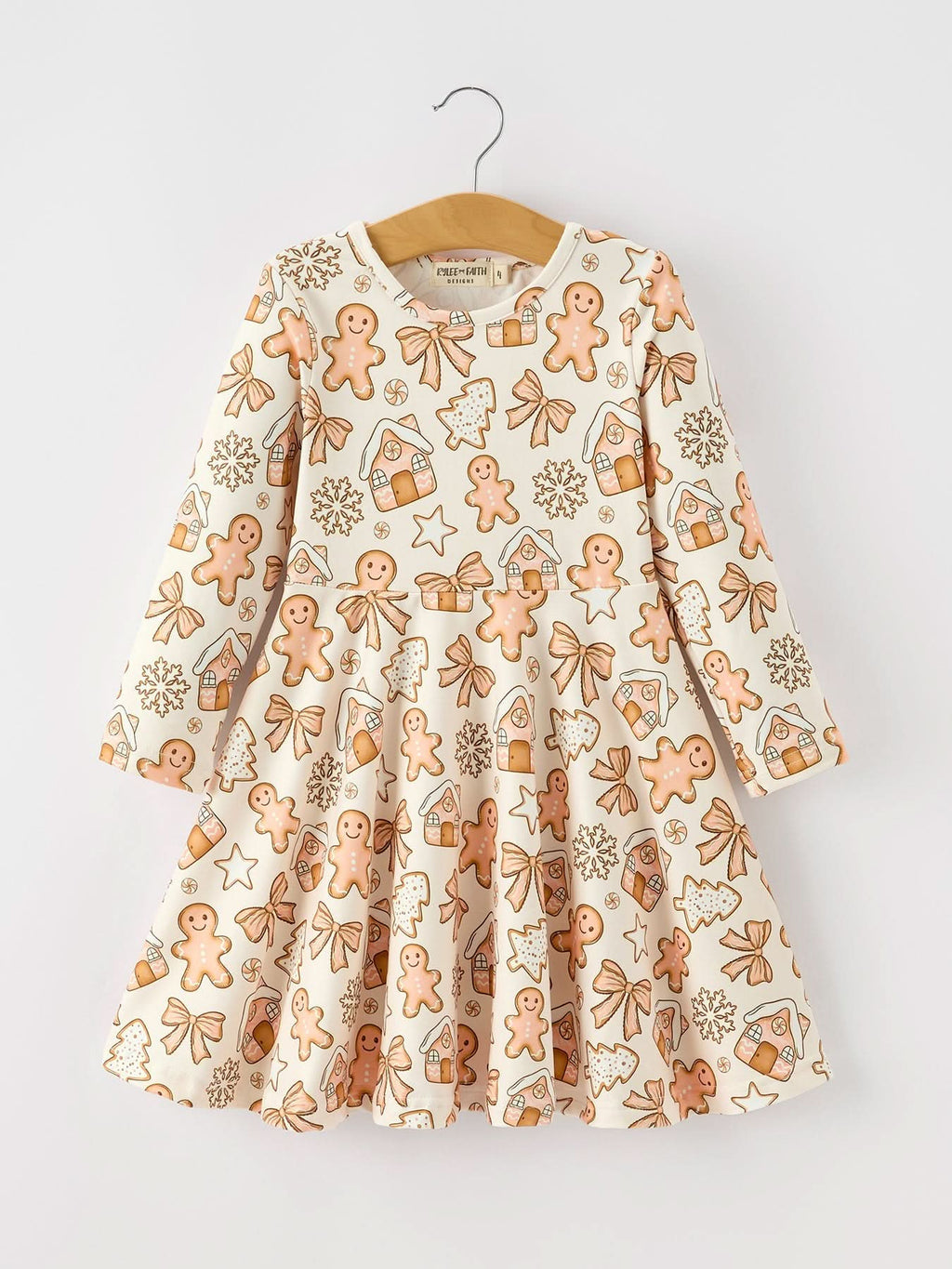Christmas Gingerbread Cookie Girls Long Sleeve Twirl Dress -