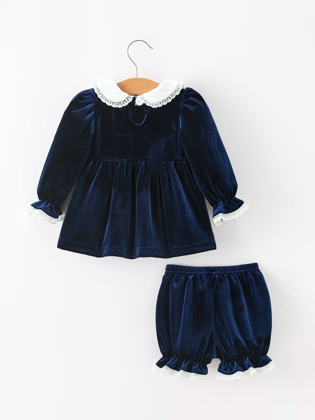 Girls Christmas Navy Velvet Smocked Top And Bloomers Outfit -