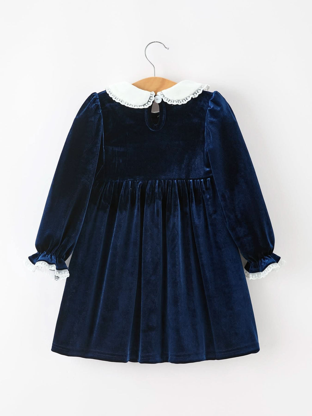 Christmas Tree Girls Navy Velvet Smocked Lace Dress -