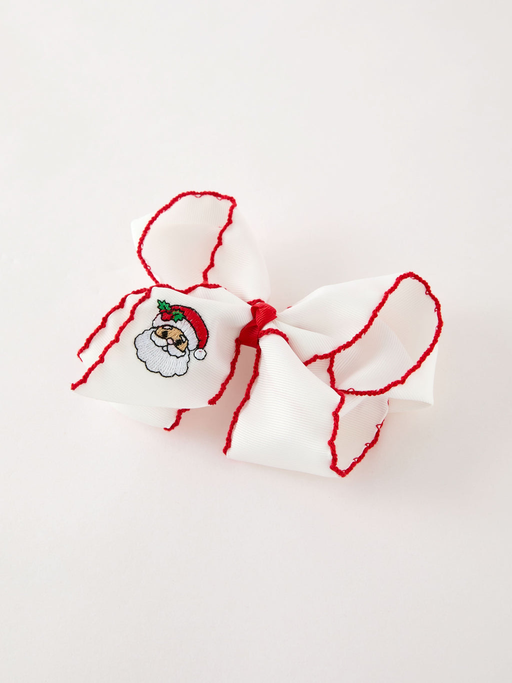 Girls' Christmas Santa Embroidered 6.25" Hair Bow – White/Pink -