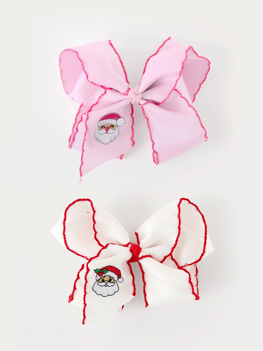 Girls' Christmas Santa Embroidered 6.25" Hair Bow – White/Pink -