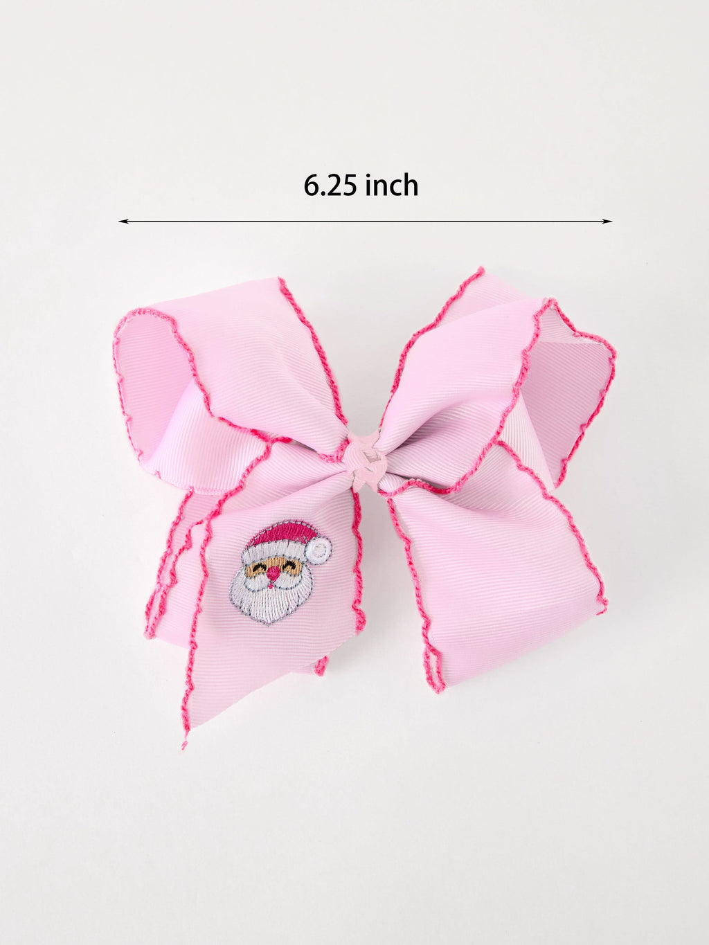 Girls' Christmas Santa Embroidered 6.25" Hair Bow – White/Pink - Pink