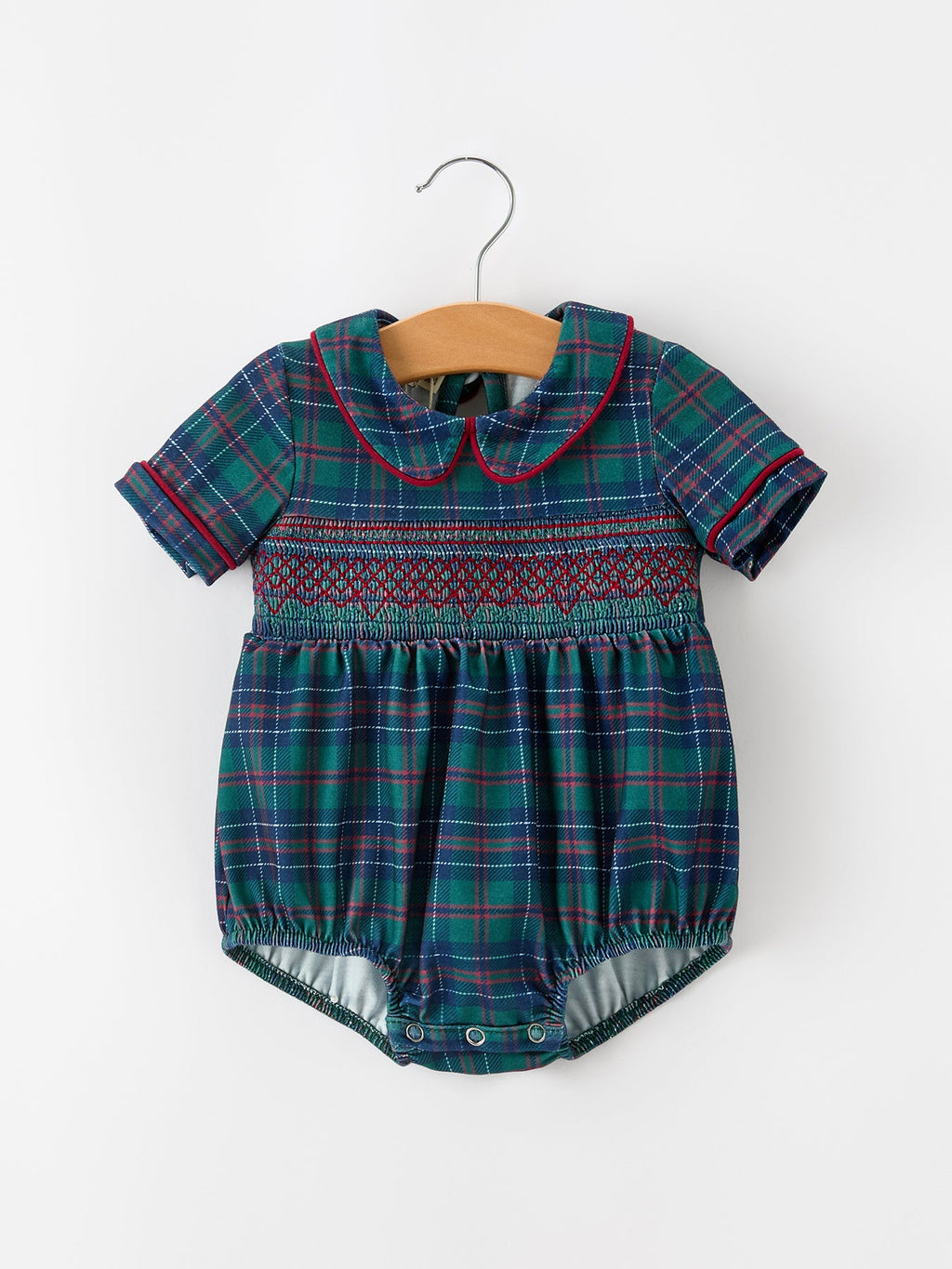 Christmas Baby Boys Plaid Smocked Peter Pan Collar Bubble Romper -