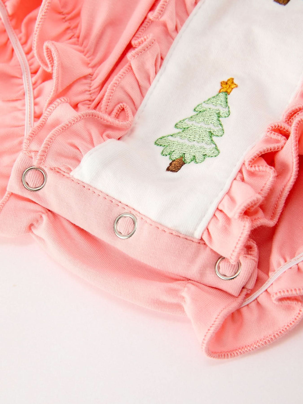 Christmas Baby Girls Pink Christmas Tree Embroidered Ruffle Romper -