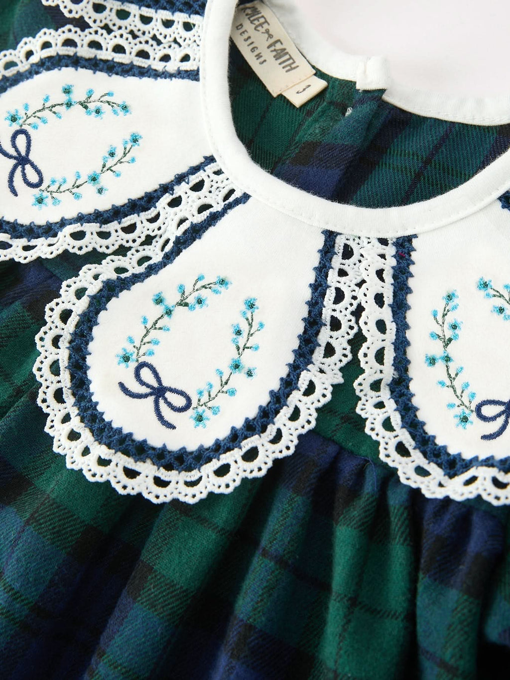 Christmas Girls Green & Navy Plaid Embroidered Collar Dress -