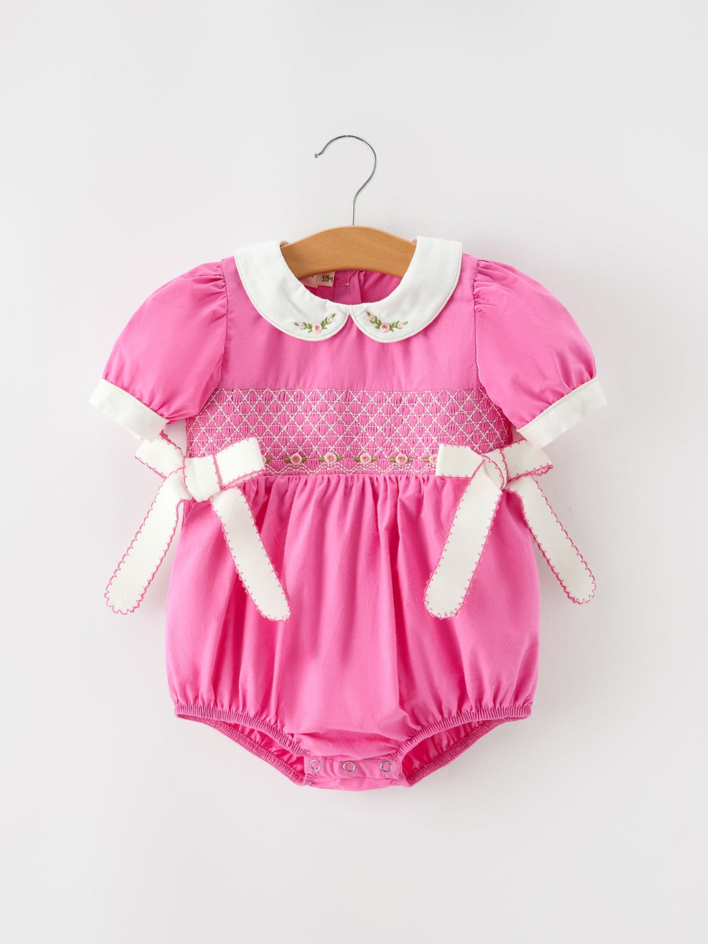 FALL Girls Hot Pink Floral Smocked Bow Bubble Romper -