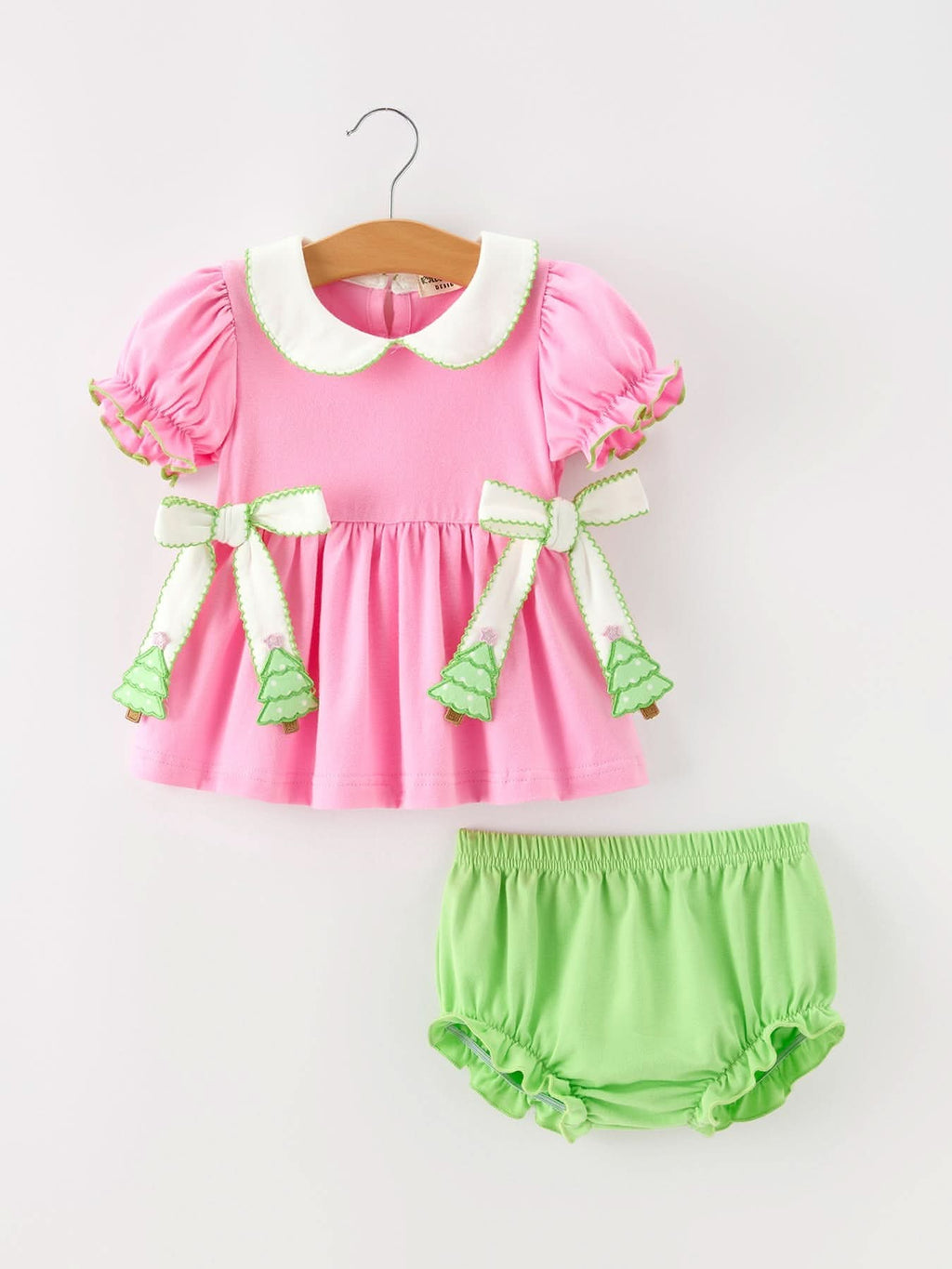 Baby Girls Christmas Pink Bow Christmas Tree Top & Bloomer Set -