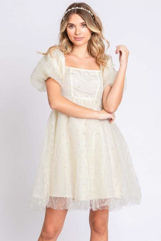 GeeGee Pearl Mesh Babydoll Mini Dress in - Dresses photo
