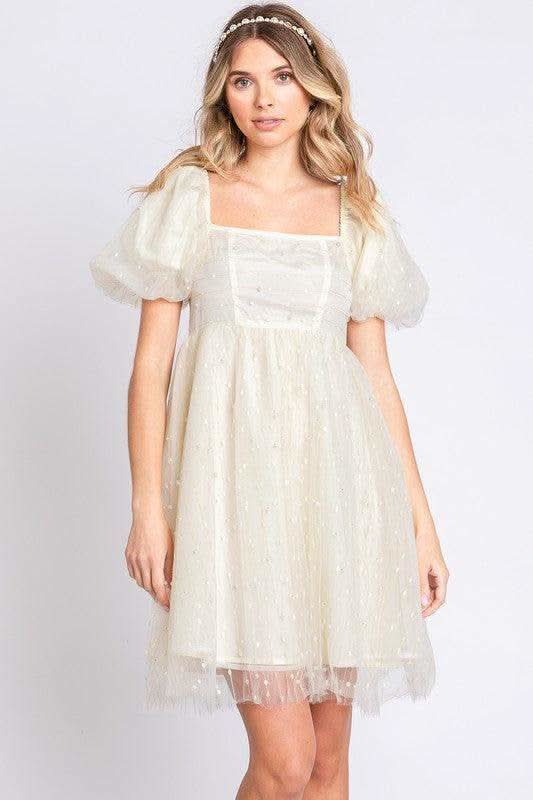 GeeGee Pearl Mesh Babydoll Mini Dress in Cream - Dresses photo