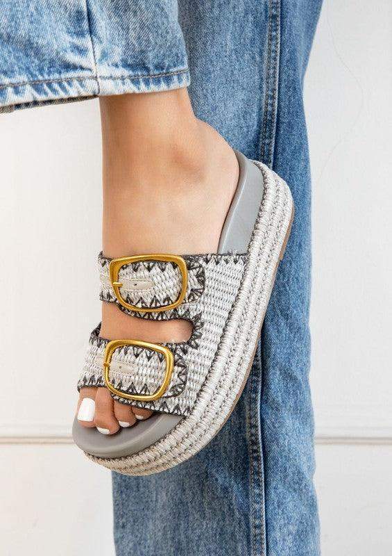 Clara Wedges with Adjustable Straps in Gray Raffia - photo