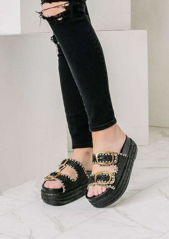 Clara Wedges with Adjustable Straps in Black Raffia - photo