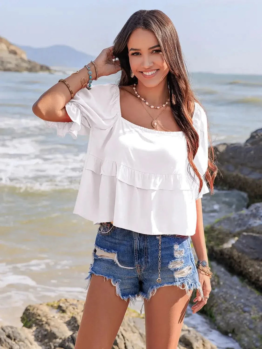 Ruffled Square Neck Half Sleeve Blouse in - photo