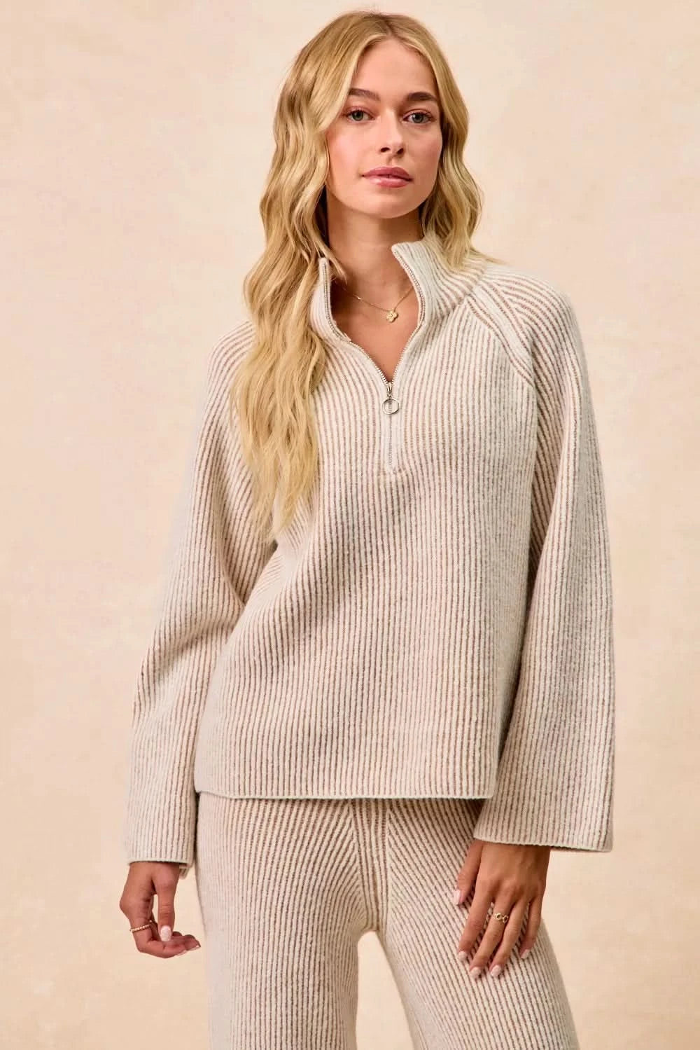 BiBi Two Tone Rib Texured Knit Collared Top with Zip Up in - photo