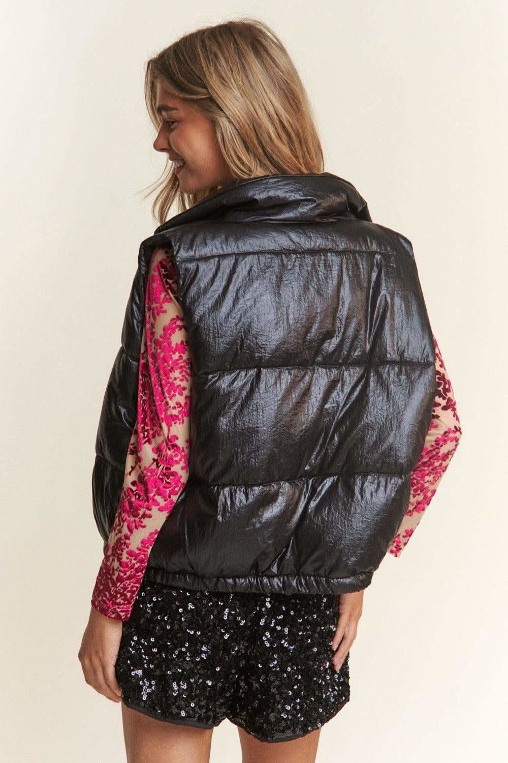 J.NNA Snap and Zipper Shiny Metallic Puffer Vest - SwagglyLife Home & Fashion
