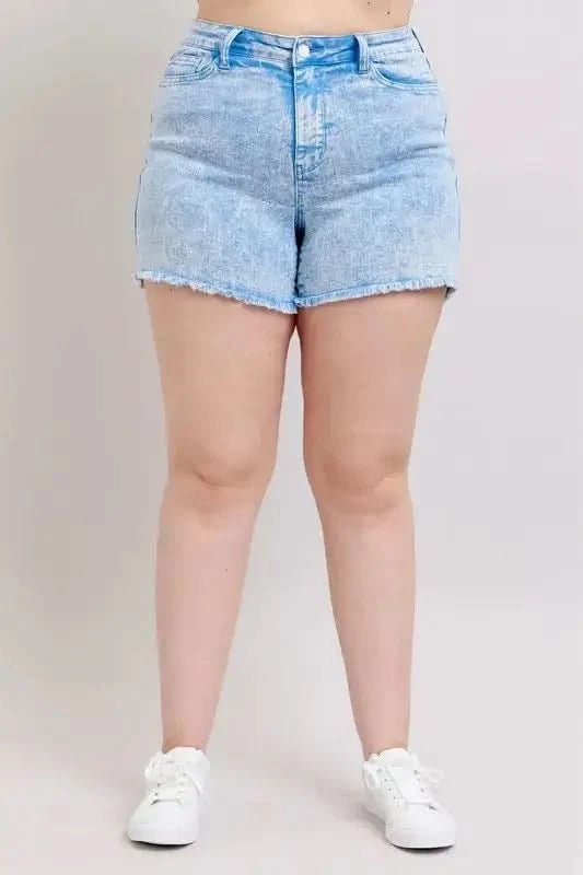 Judy Blue Plus Size Mid Rise Garment Dyed Denim Shorts in CYAN - photo