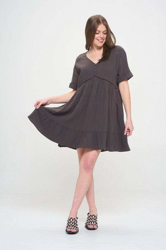 Jade By Jane Textured Short Sleeve Mini Dress Dress, 2 Colors in CHARCOAL - Mini Dresses photo