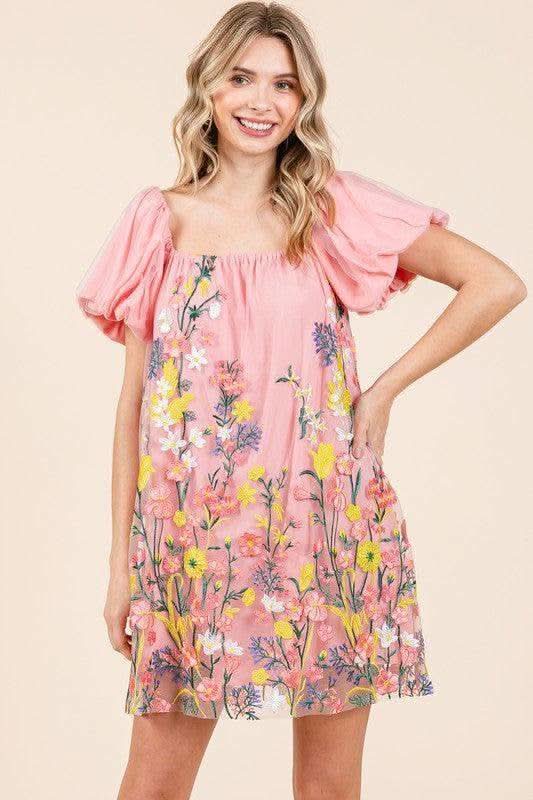 GeeGee Floral Embroidered Mesh Mini Dress in Pink Multi - Dresses photo