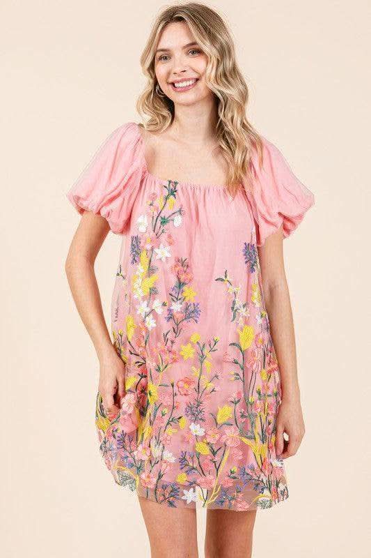GeeGee Floral Embroidered Mesh Mini Dress in - Dresses photo