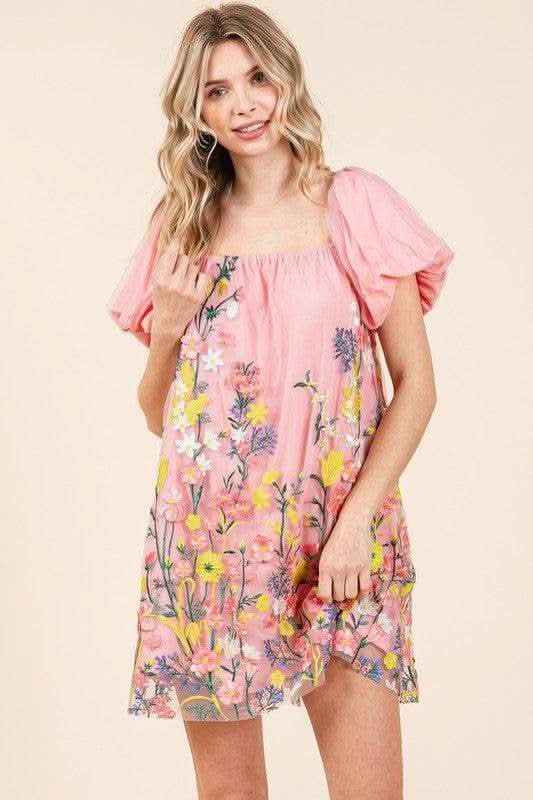 GeeGee Floral Embroidered Mesh Mini Dress in - Dresses photo
