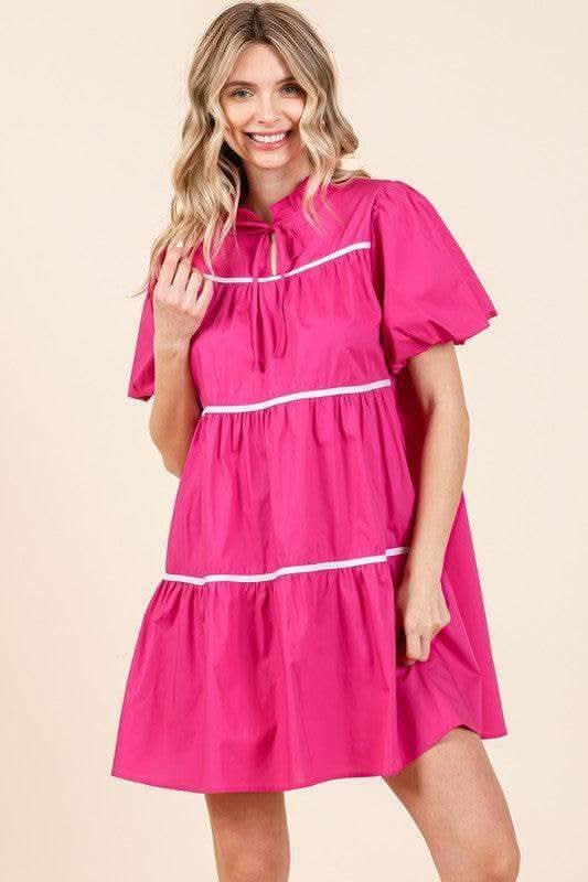 GeeGee Piping Detailed Babydoll Mini Dress in Fuchsia White - Dresses photo