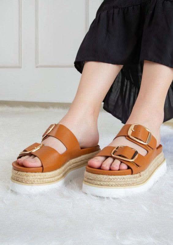 Monique Thick Buckled Fashion Wedges in Tan - photo