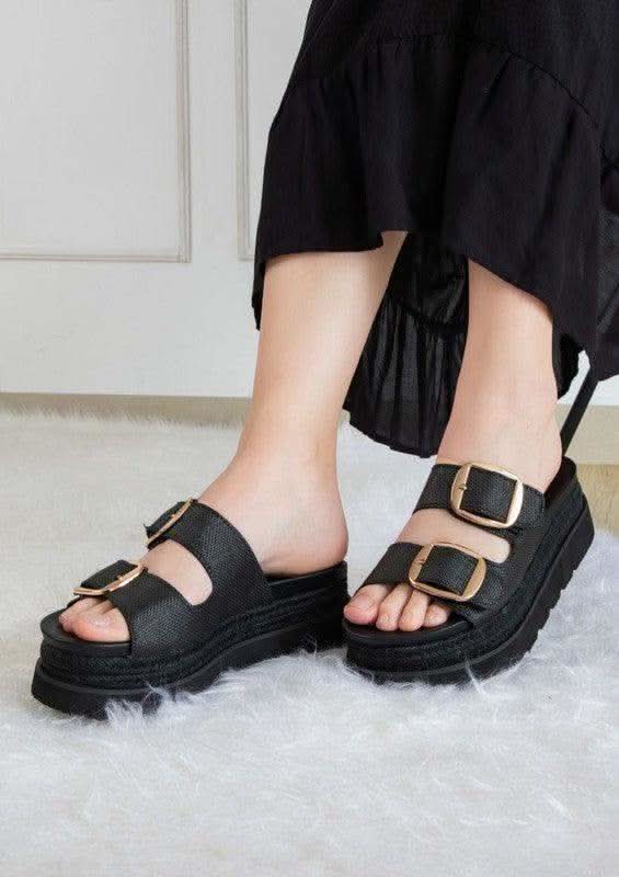 Monique Thick Buckled Fashion Wedges in Black Raffia - photo