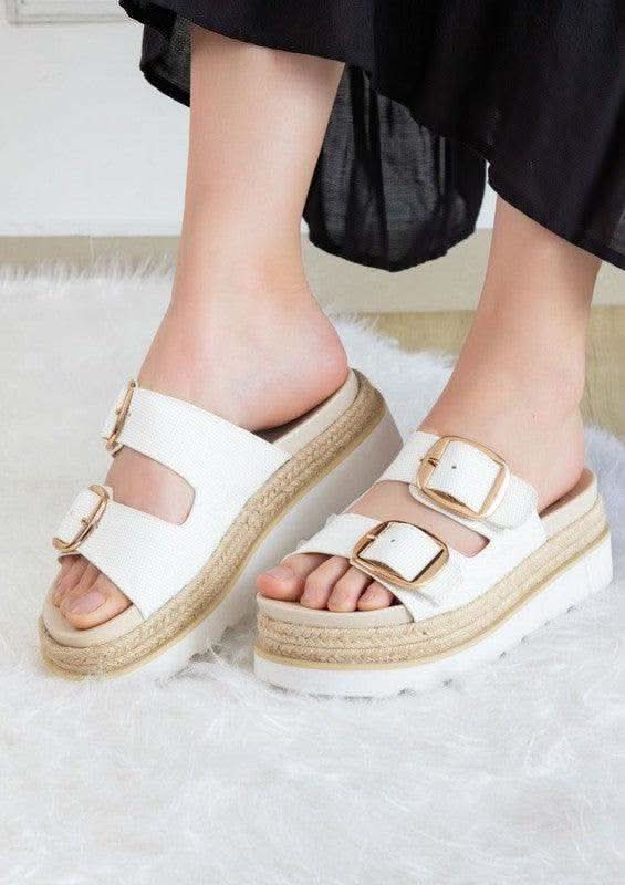 Monique Thick Buckled Fashion Wedges in White Raffia - photo