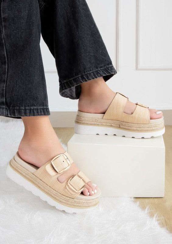 Monique Thick Buckled Fashion Wedges in Nude Raffia - photo