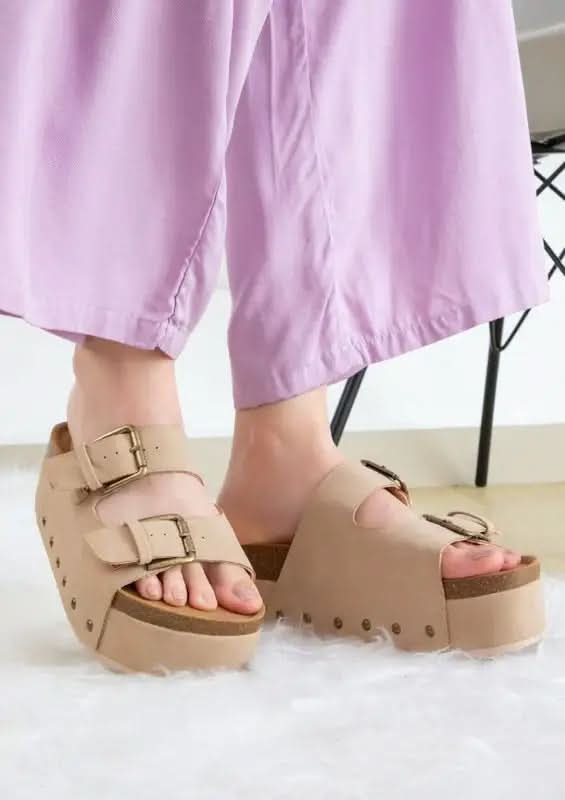 NINA Double Buckle Bands Comfortable Flatform in Taupe - photo