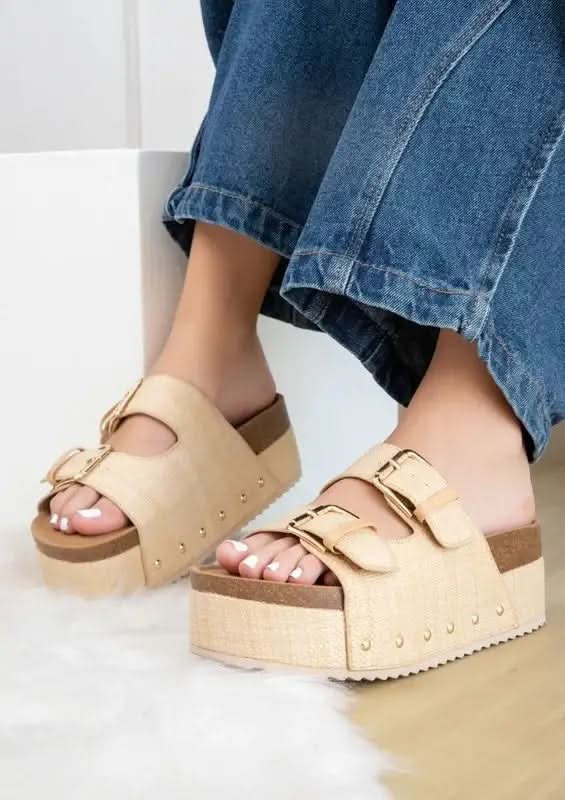 NINA Double Buckle Bands Comfortable Flatform in Natural Raffia - photo