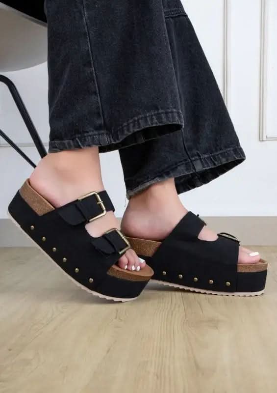 NINA Double Buckle Bands Comfortable Flatform in Black - photo