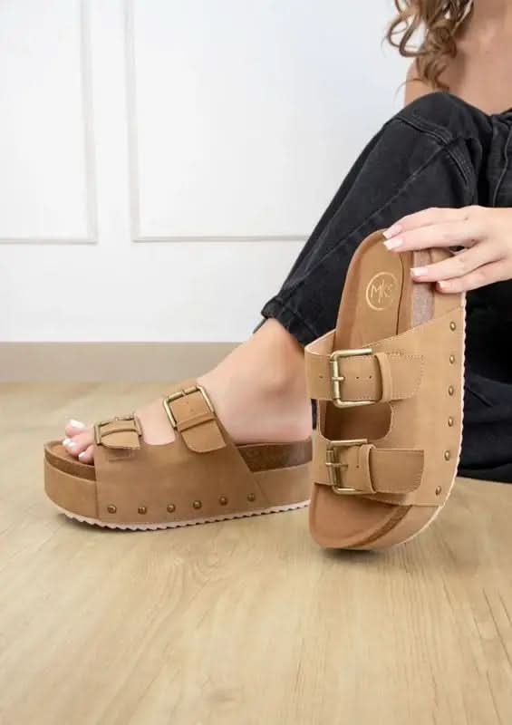 NINA Double Buckle Bands Comfortable Flatform in Mocha - photo