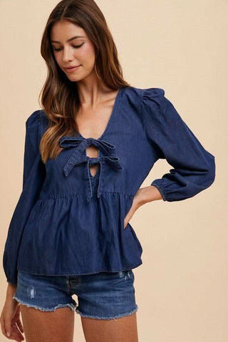 Annie Wear Tie Front Peplum Long Sleeve Denim Top - SwagglyLife Home & Fashion Annie Wear Tie Front Peplum Long Sleeve Denim Top - SwagglyLife Home & Fashion