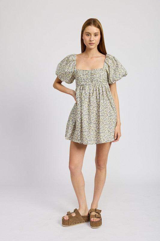 Emory Park Squared Neck Ruched Mini Dress with Puff Sleeves in - Dresses photo