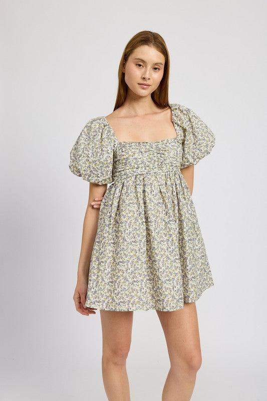 Emory Park Squared Neck Ruched Mini Dress with Puff Sleeves in - Dresses photo