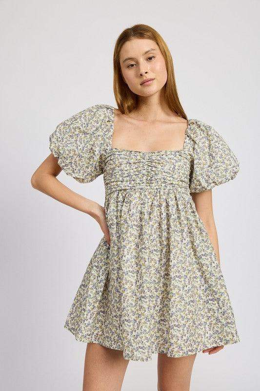 Emory Park Squared Neck Ruched Mini Dress with Puff Sleeves in NAVY LIME FLORAL - Dresses photo