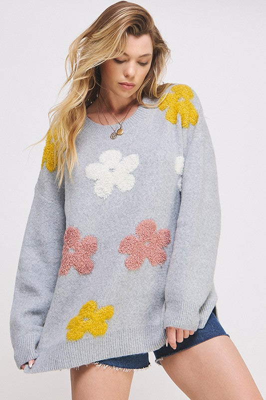 Oversized Floral Graphic Knit Sweater in - photo