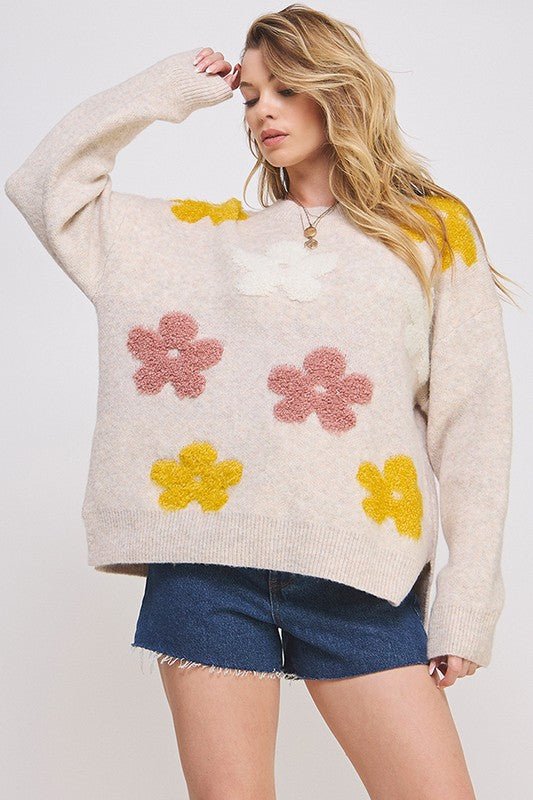 Oversized Floral Graphic Knit Sweater in OATMEAL - photo