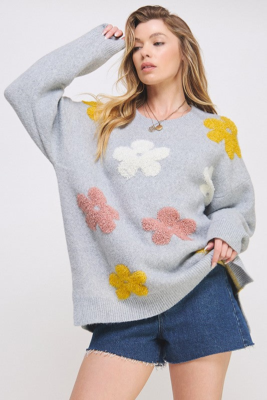 Oversized Floral Graphic Knit Sweater in H.GREY - photo