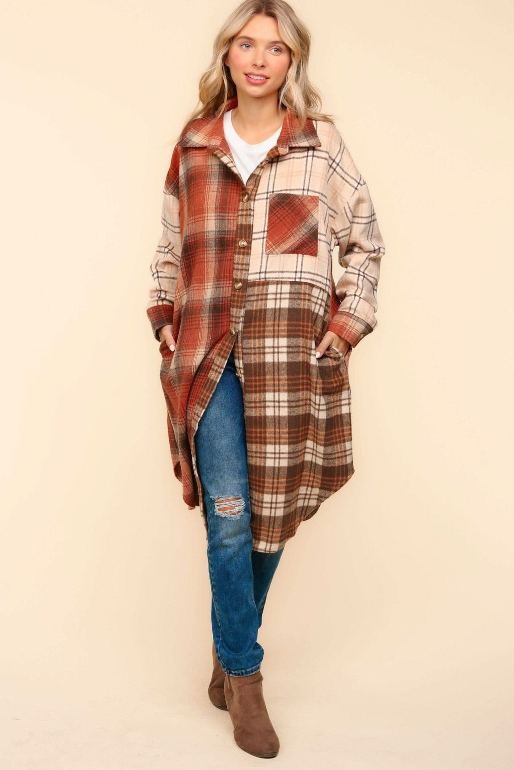 Haptics Flannel Plaid Oversized Shacket with Pockets - SwagglyLife Home & Fashion