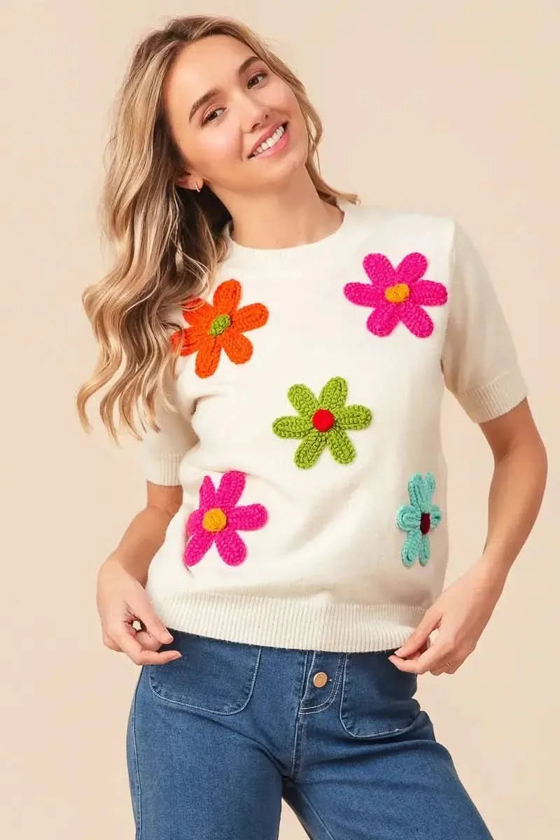 BiBi Crochet Flower Patch Sweater Top in - photo