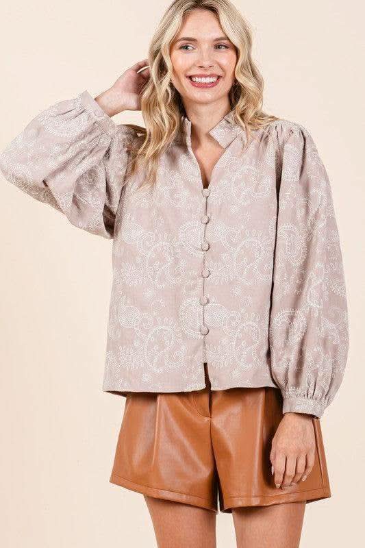 GeeGee Paisley Eyelet Laced Button-Up Blouse - SwagglyLife Home & Fashion