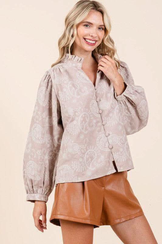 GeeGee Paisley Eyelet Laced Button-Up Blouse - SwagglyLife Home & Fashion